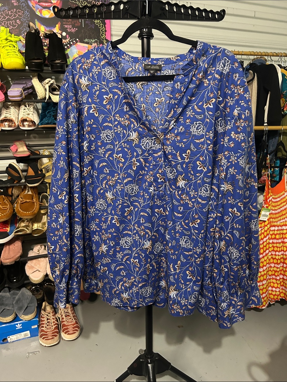 J Jill blue  Floral Long-Sleeve V-Neck Blouse plus size 3x